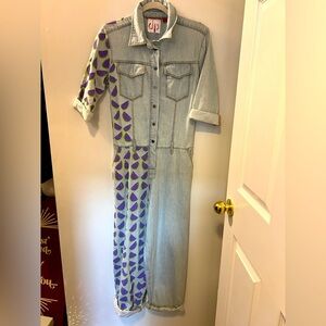 Justin Payne Modern Hippi Hand Painted Denim Utility Jumpsuit Upcycled Art Style